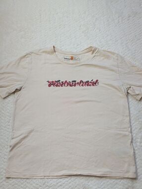 Timberland Cream Short Sleeve Tee with Red Graphic Logo